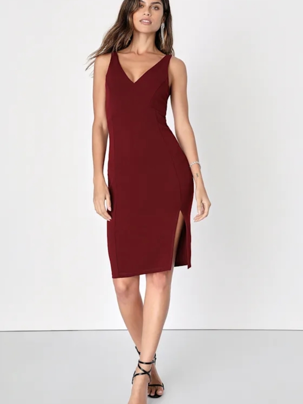 Lulu's Burgundy V-Neck Midi Sheath Dress with Side Slit